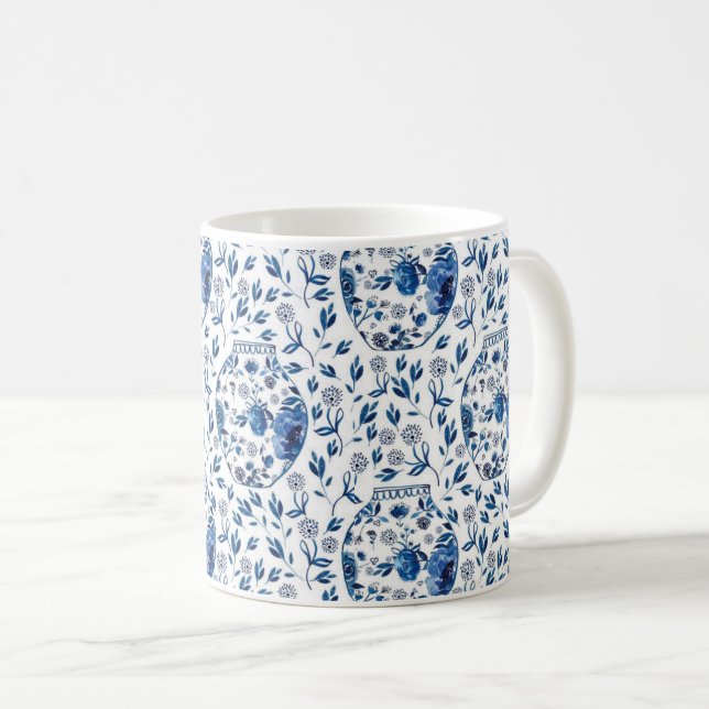 Handmålad Blue & White Chinoiserie Blommigt Stil Kaffemugg (Framsida höger)