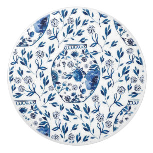 Handmålad Blue & White Chinoiserie Blommigt Stil Knopp