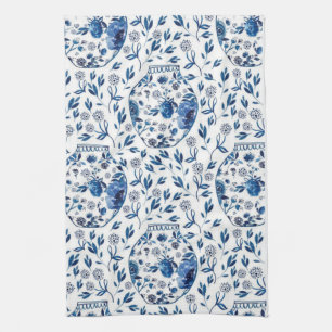 Handmålad Blue & White Chinoiserie Blommigt Stil Kökshandduk