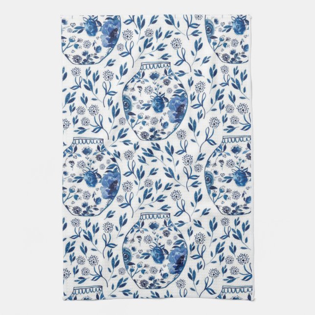 Handmålad Blue & White Chinoiserie Blommigt Stil Kökshandduk (Vertikal)