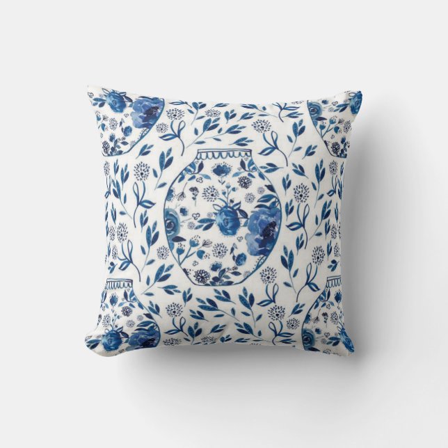 Handmålad Blue & White Chinoiserie Blommigt Stil Kudde (Framsida)