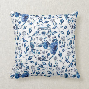 Handmålad Blue & White Chinoiserie Blommigt Stil Kudde