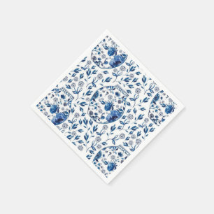 Handmålad Blue & White Chinoiserie Blommigt Stil Pappersservett