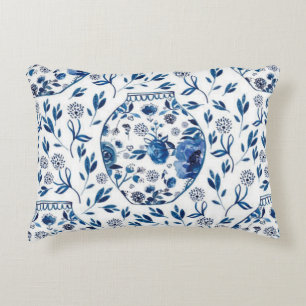Handmålad Blue & White Chinoiserie Blommigt Stil Prydnadskudde