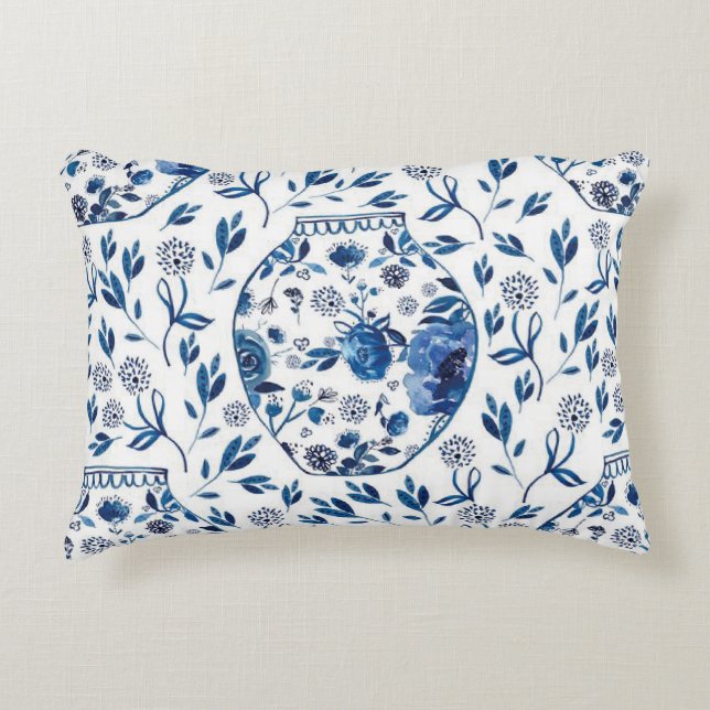Handmålad Blue & White Chinoiserie Blommigt Stil Prydnadskudde (Framsidan)
