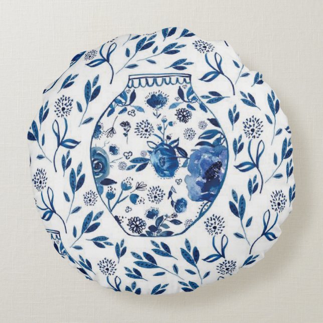 Handmålad Blue & White Chinoiserie Blommigt Stil Rund Kudde (Baksidan)