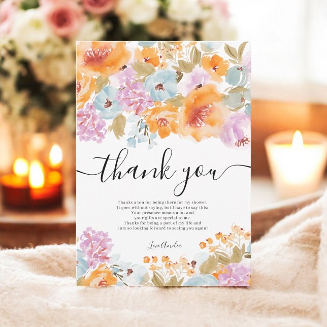 Handmålad Boho Blommigt Watercolor-Möhippa Tack Kort (Hand-Painted Boho Floral Watercolor Bridal Shower Thank You Card)