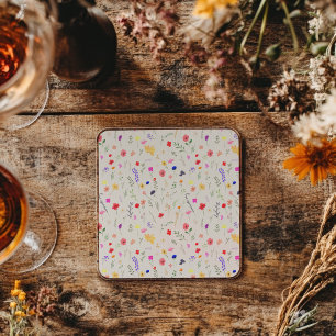 Handmålad Boho Vildblommeäng Akvarell Underlägg Papper Kvadrat