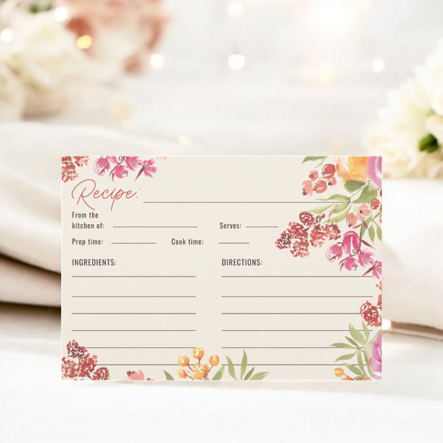 Handmålad Borho Watercolor Möhippa Rececipe Tilläggskort (Hand Painted Boho Watercolor Bridal Shower Recipe Enclosure Card)
