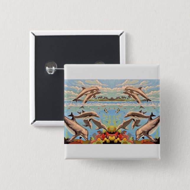 Handmålad efter nummer | Spelande delfiner | Knapp (Framsida & baksida)