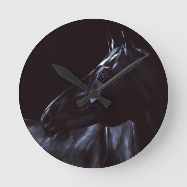 Handmålad elegant, svart häst rund klocka (Framsida)
