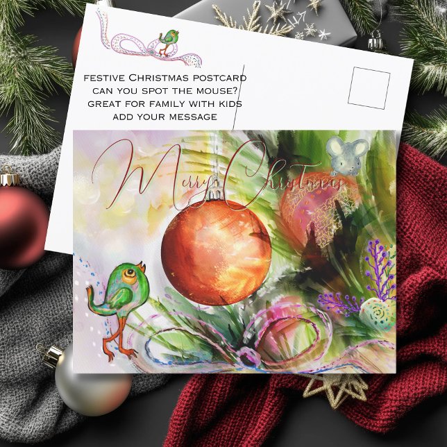 Handmålad Festive Bird & Mouse Vykort (Hand-painted Festive Bird & Mouse Postcard)