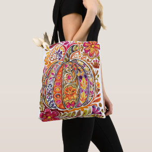 Handmålad folkkonst Pumpkin Tote Bag Rustic Fall Tygkasse