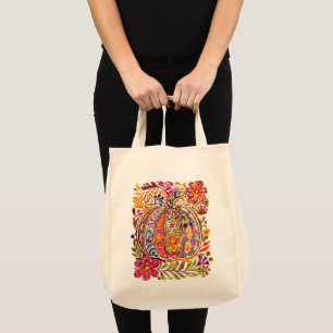 Handmålad folkkonst Pumpkin Tote Bag Rustic Fall Tygkasse