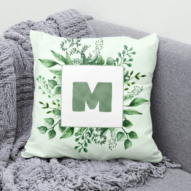 Handmålad Greenery Ram + Watercolor Monogram Kudde (Watercolor Monogram Pillow with Watercolor Greenery)