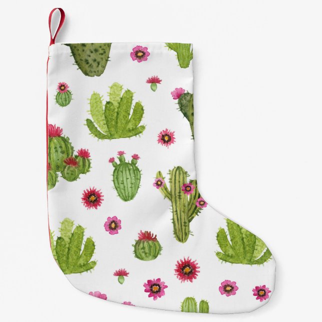 Handmålad Grönt Cactus Mönster Liten Julstrumpa (Framsidan)