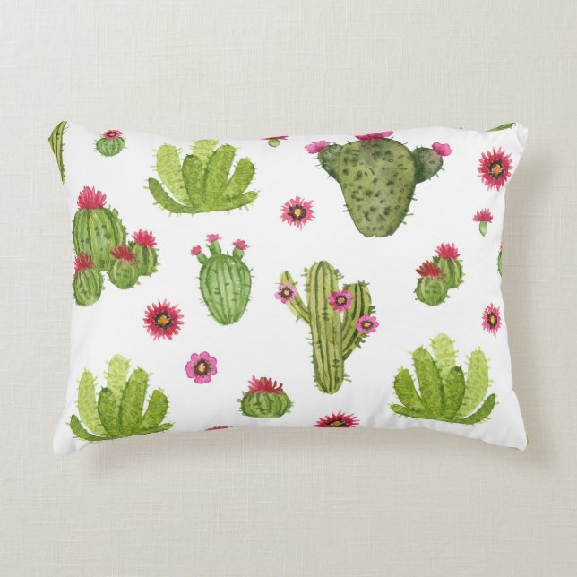 Handmålad Grönt Cactus Mönster Prydnadskudde (Framsidan)