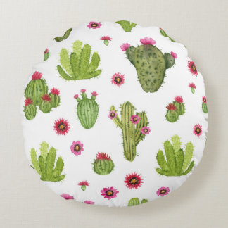 Handmålad Grönt Cactus Mönster Rund Kudde