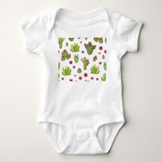Handmålad Grönt Cactus Mönster T Shirt (Framsida)