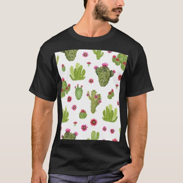 Handmålad Grönt Cactus Mönster T Shirt (Framsida)