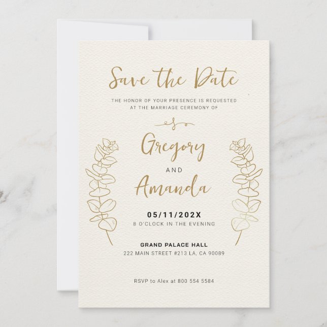 Handmålad Guld Löv Ram Spara-Datum Inbjudningar (Framsida)