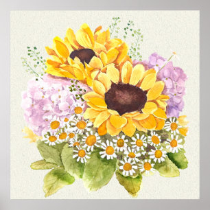 Handmålad gult Solblommor lila hydrangea Poster