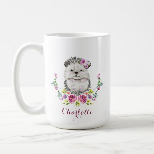Handmålad Hedgehog Cute Personzied Kaffemugg (Vänster)