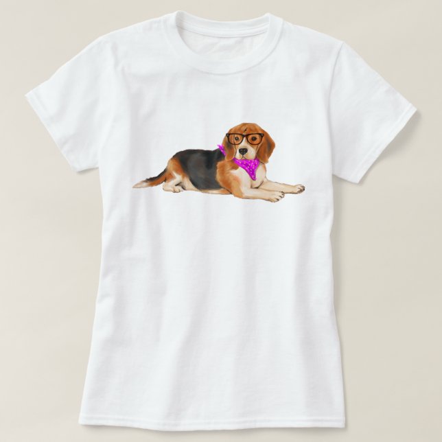 Handmålad Hipster Beagle-Hund Tee Shirt (Design framsida)