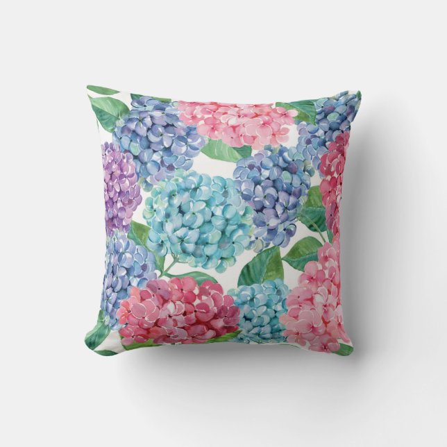 Handmålad Hydrangea Blooms blommigt Pillow Kudde (Framsida)