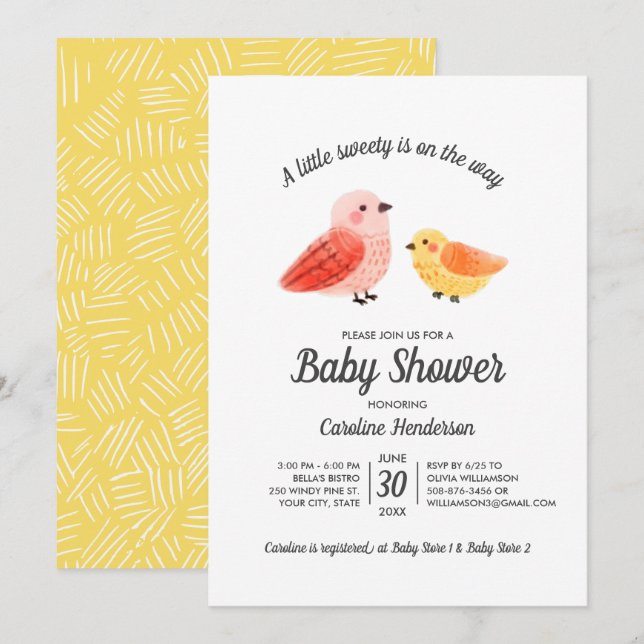 Handmålad inbjudan till Bird Baby Shower för vatte (Fram/baksida)