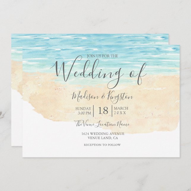 Handmålad inbjudan till Watercolor Beach Wedding (Fram/baksida)