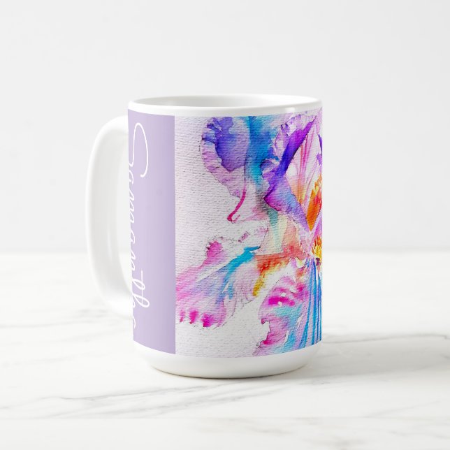 Handmålad Iris Irisar Blomma Blommig Akvarell Kaffemugg (Framsida vänster)