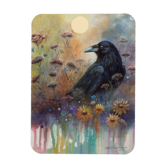 Handmålad korp med Wildblommor Magnet (Vertikal)