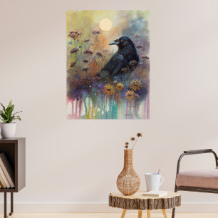Handmålad korp med Wildblommor Poster
