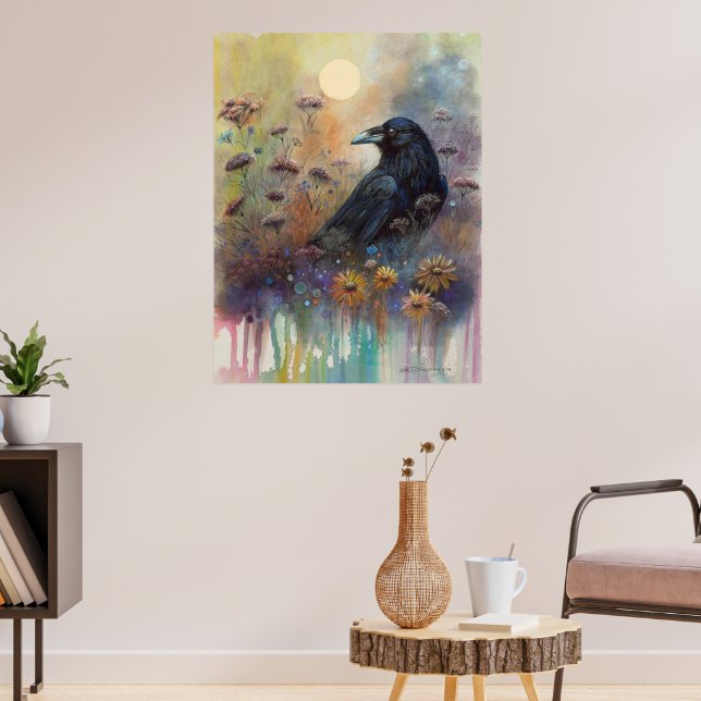 Handmålad korp med Wildblommor Poster (Vardagsrum 3)