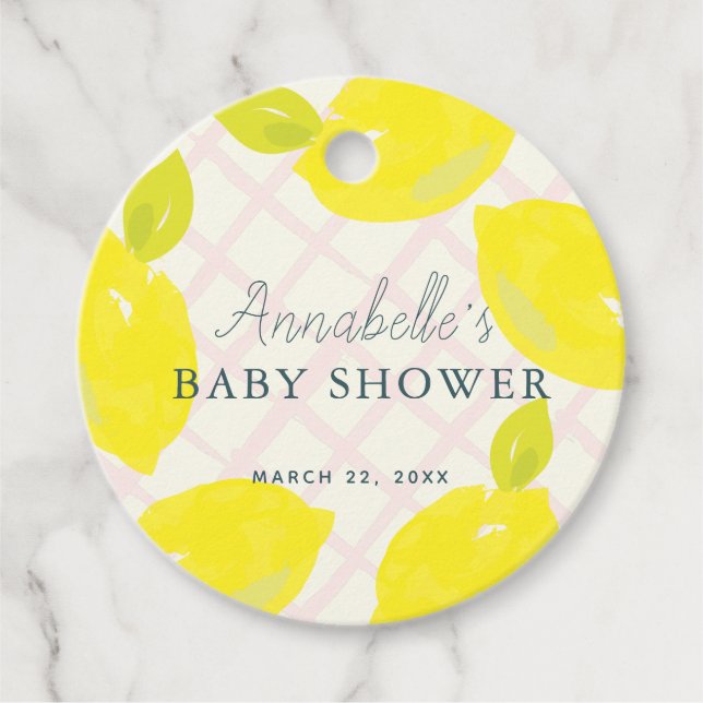 Handmålad Lemon Rosa Baby Shower Tack Gåvor Etiketter (Framsida)