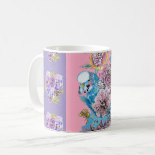 Handmålad Lila Blue Budgie blommigt Mugg
