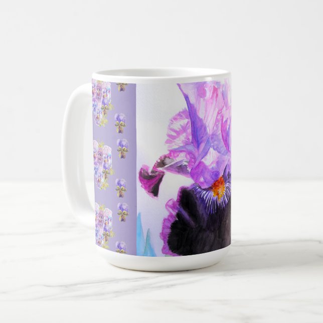 Handmålad lila Iris Irisar blomster latte-mugg Kaffemugg (Framsida vänster)