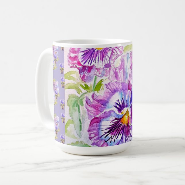 Handmålad lila pensé blommig Latte-mugg Kaffemugg (Framsida vänster)
