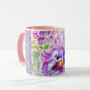 Handmålad lila pensé blommig latte-mugg mugg
