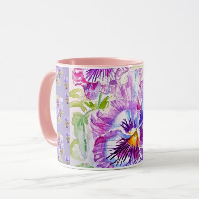 Handmålad lila pensé blommig latte-mugg mugg (Framsida vänster)