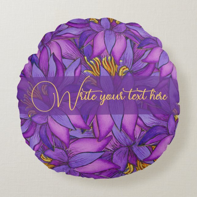 Handmålad Lotus Flower Rund Kudde (Framsidan)