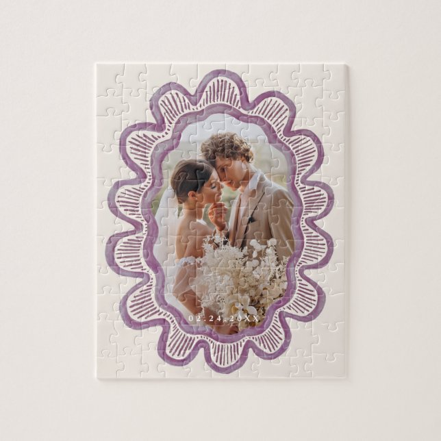 Handmålad mauve-skalopad ovalfoto ram pussel (Vertikal)