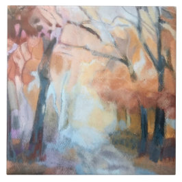 Handmålad modern orange gult brun träd kakelplatta