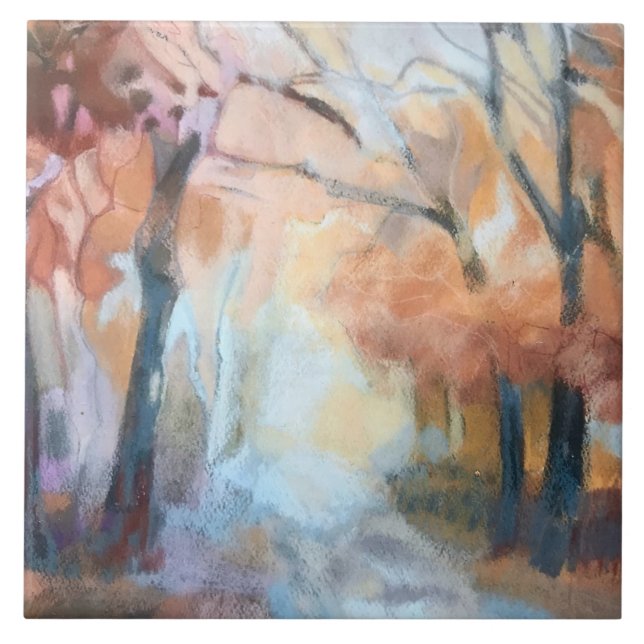 Handmålad modern orange gult brun träd kakelplatta (Framsidan)