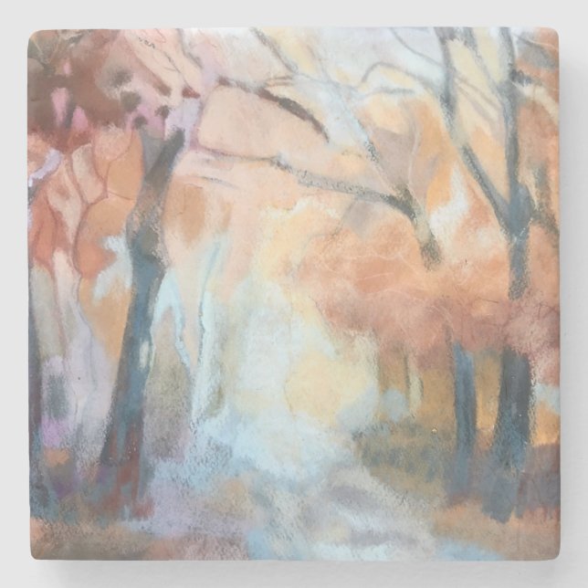 Handmålad modern orange gult brun träd stenunderlägg (Framsidan)