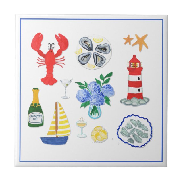 Handmålad Nantucket-inspirerad tema Kakelplatta (Framsidan)