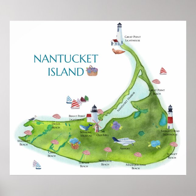 Handmålad Nantucket-ö Poster (Framsidan)