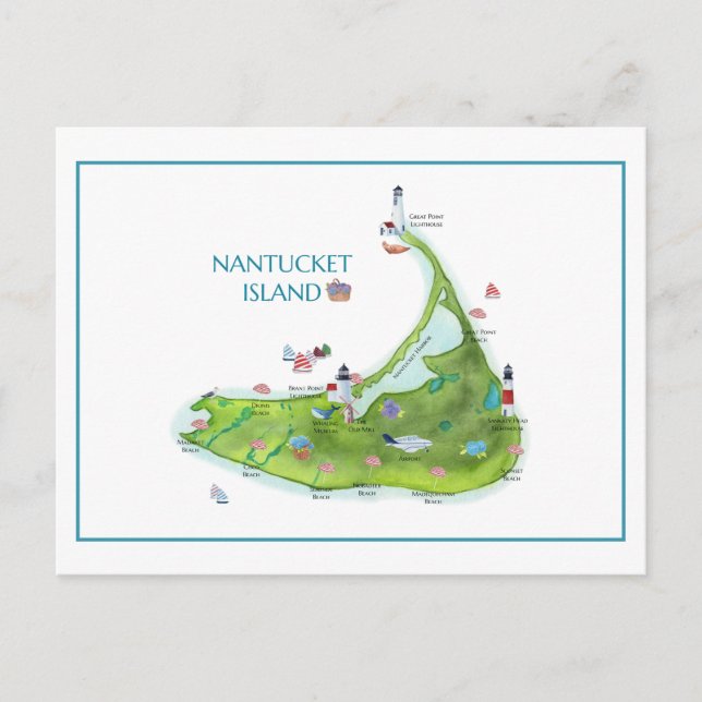 Handmålad Nantucket-ö Vykort (Framsida)