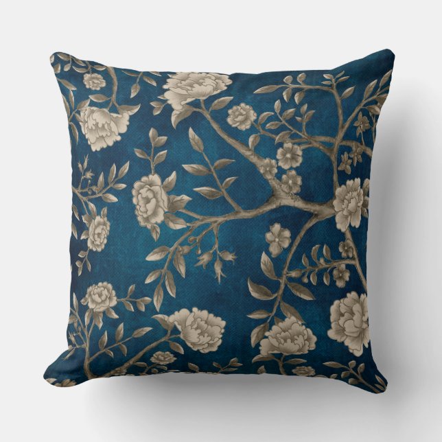 Handmålad Navy Blue Chinoiserie Blommigt Greenery Kudde (Framsida)